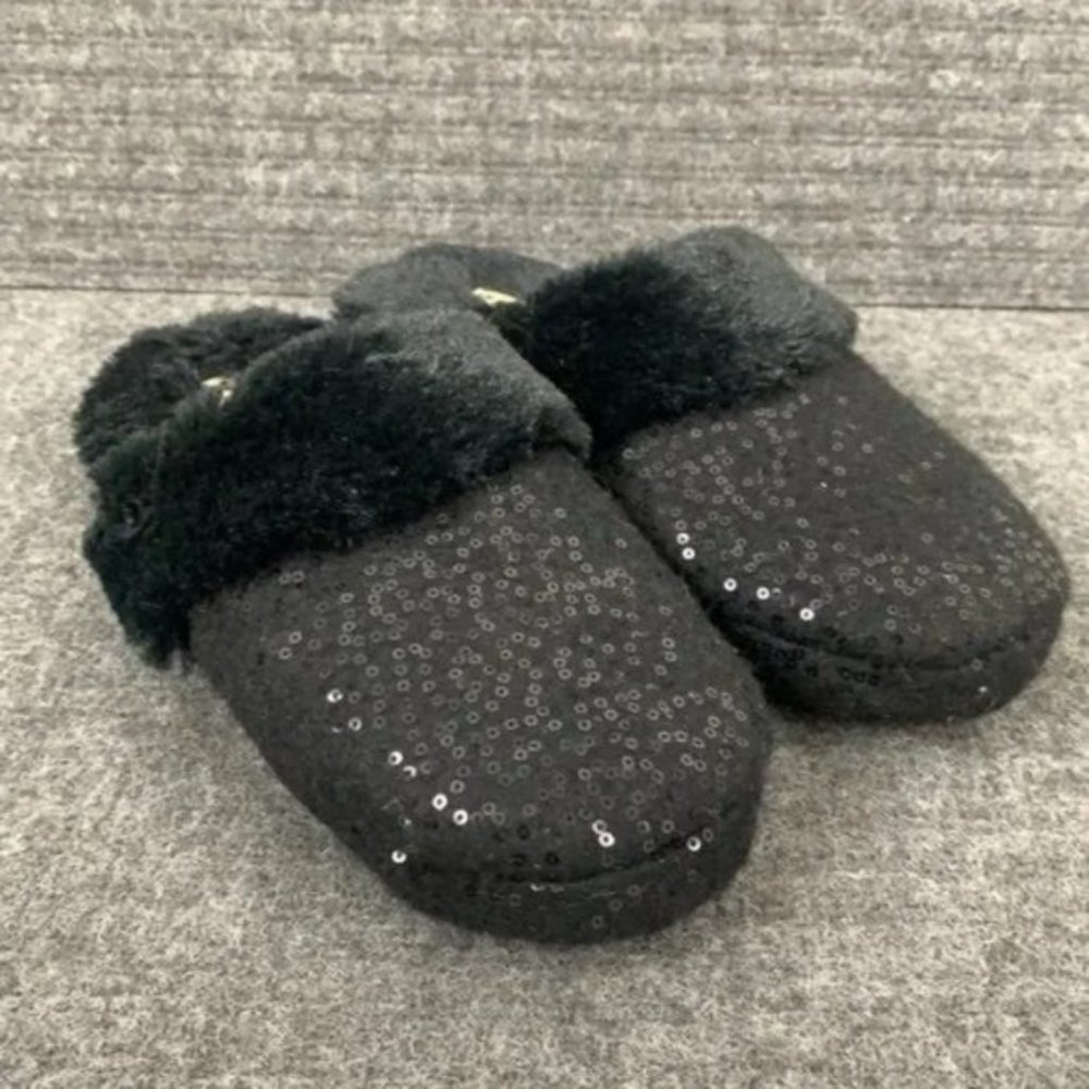 Naturalizer Sparkle Slippers Womens Size Medium 7-8 M Black Faux Fur Trim Sequin